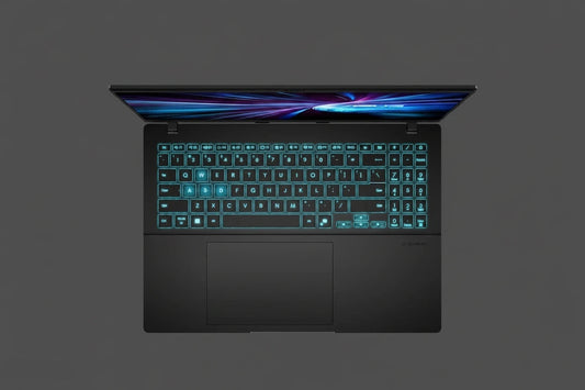 A black Lenovo laptop shown from a top-down angle with the screen open and backlit keyboard glowing in blue, set against a plain white background.