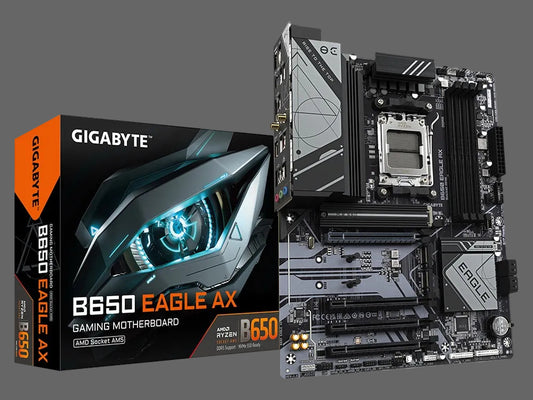 Gigabyte B650 Eagle AX motherboard with packaging on a white background