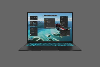 A black gaming laptop with a vibrant blue backlit keyboard and a colorful screen displaying software windows, shown on a solid white background.