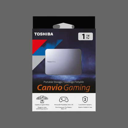 Toshiba Canvio Gaming portable storage device packaging with branding and specifications.