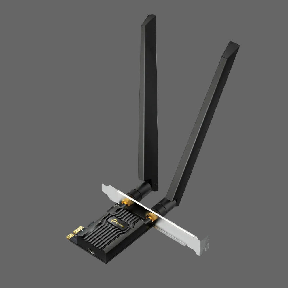 PCIe wireless network adapter with antennas on a white background