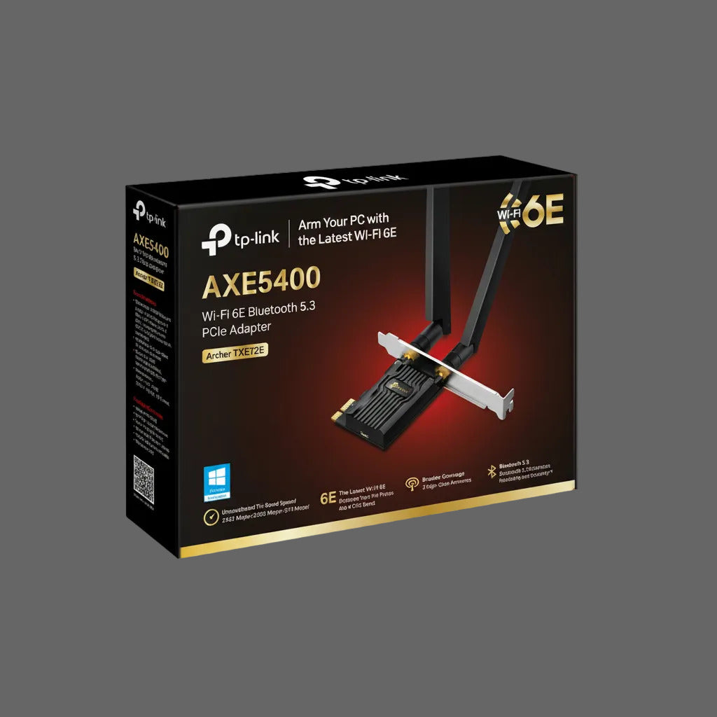 TP-Link AXE5400 Wi-Fi 6E PCIe adapter packaging on a white background