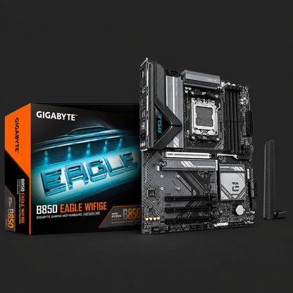 Gigabyte B850 Eagle Wi-Fi gaming motherboard with packaging on a white background
