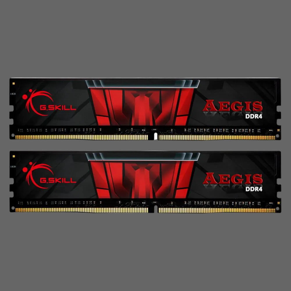 Two G.Skill Aegis DDR4 RAM modules on a white background