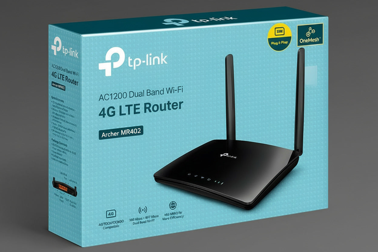 TP-Link 4G LTE router packaging with blue background
