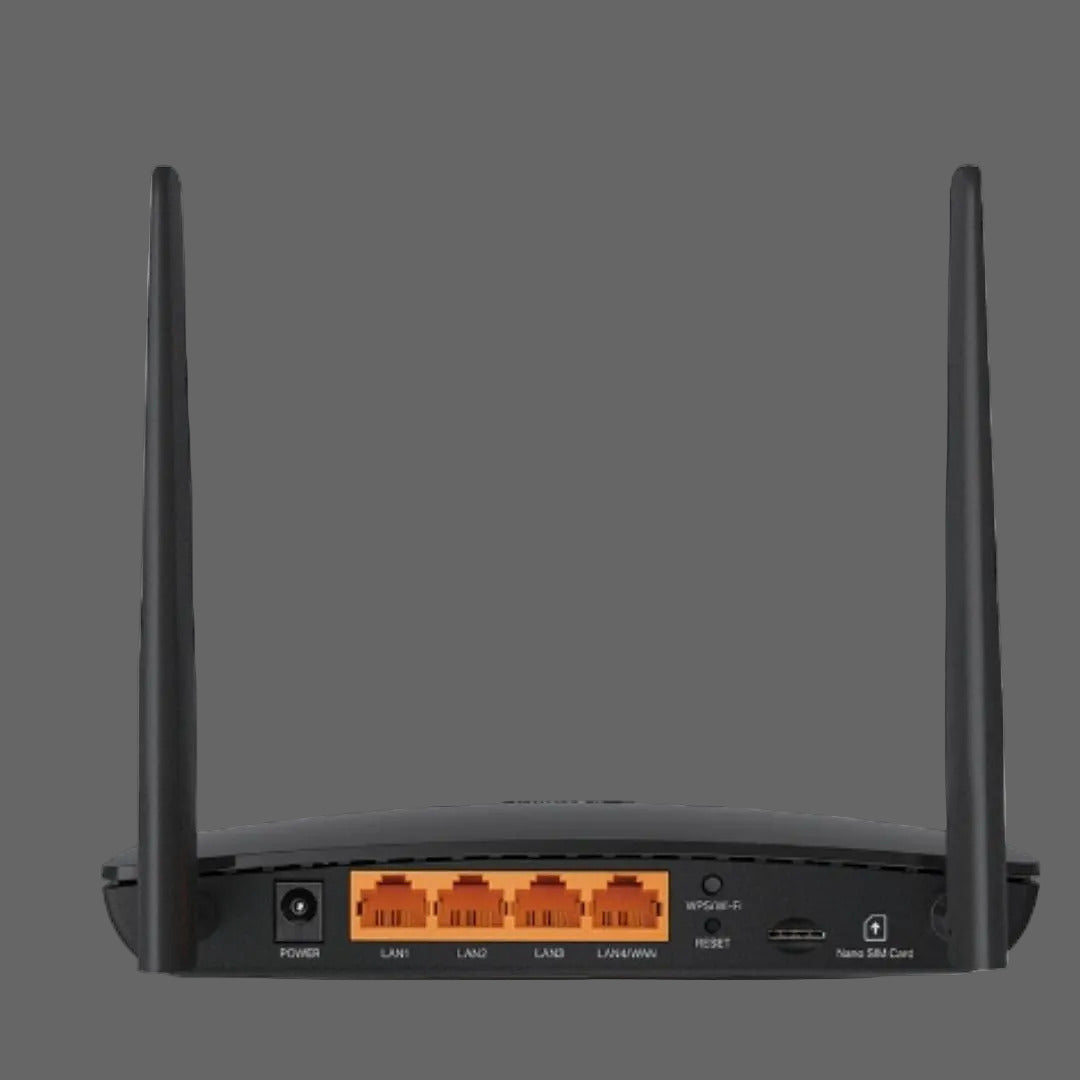 Black router with antennas on a white background