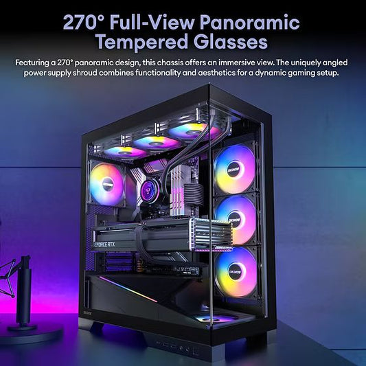 OKINOS Aqua 9 ARGB,Pre-Installed 5×120mm ARGB PWM Fan, ATX Mid Tower PC Case,Computer case with Panoramic View,Tempered Glass Side Panel,Type C Port
