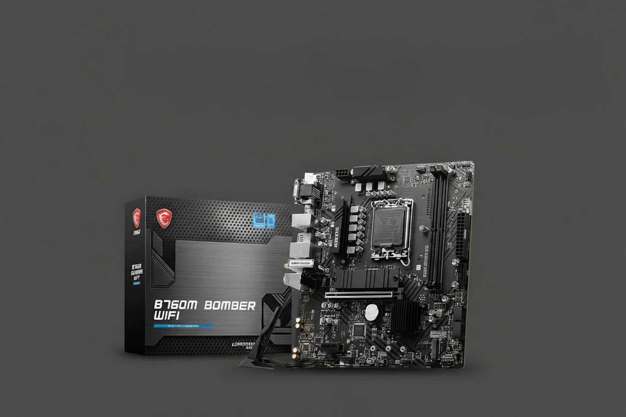 MSI B760M Bomber WiFi gaming motherboard shown next to its retail packaging box on a plain white background.