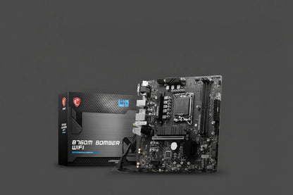 MSI B760M Bomber WiFi gaming motherboard shown next to its retail packaging box on a plain white background.