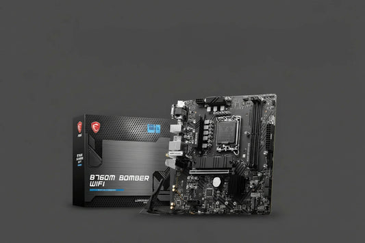 MSI B760M Bomber WiFi gaming motherboard shown next to its retail packaging box on a plain white background.