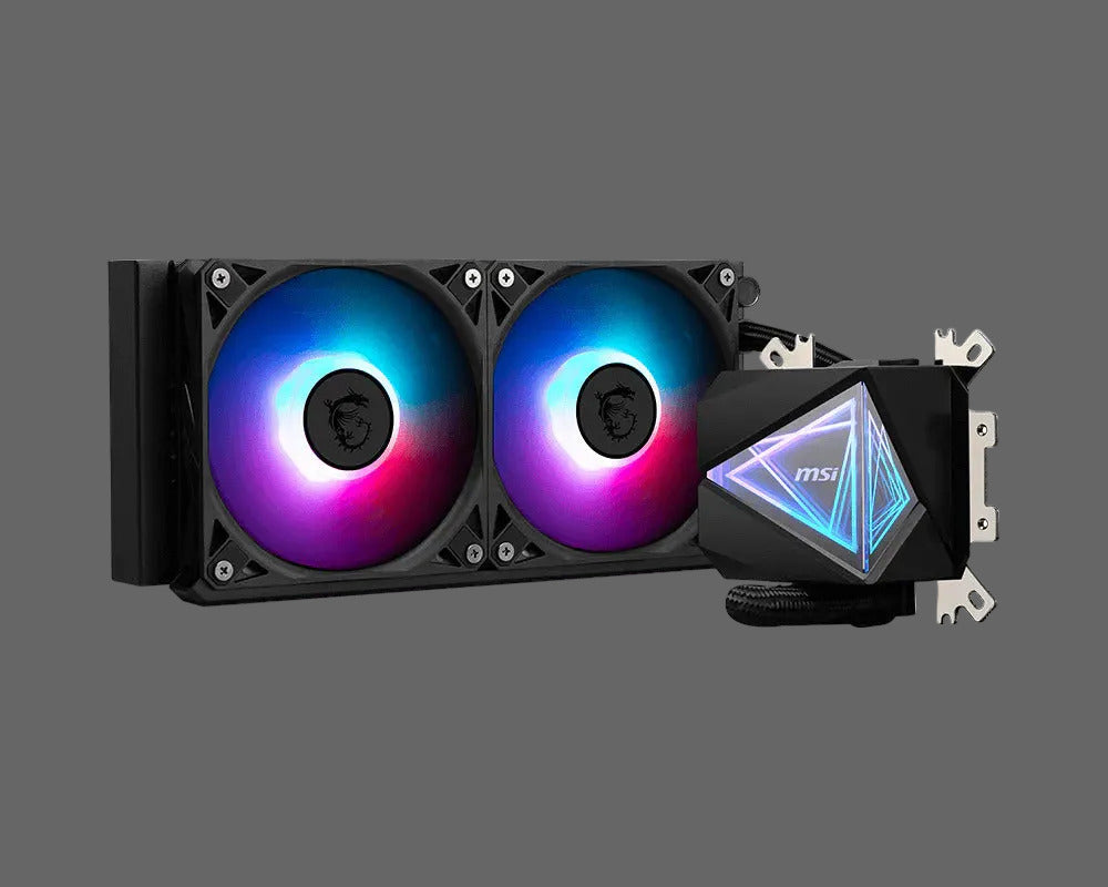Computer cooling system with RGB lights on a white background
