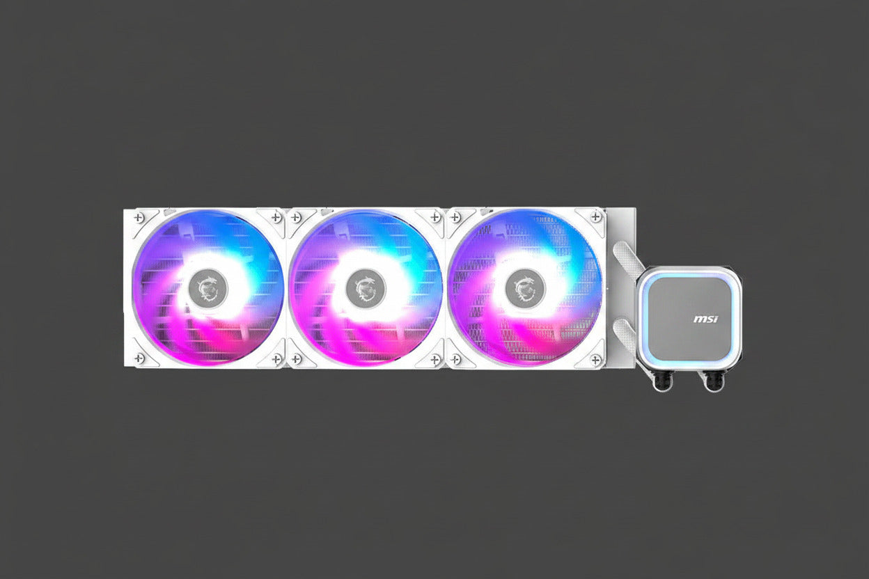 Computer cooling system with three RGB fans and a CPU cooler on a white background